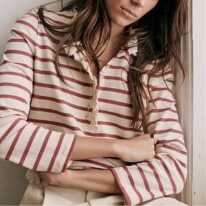 Sezane Cream and Dusty Rose Striped Long Sleeve Polo Tee